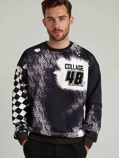 Matching Family Graphic Pullover Sweatshirt With Pocket, Personalized Dirt Track Racing, Motorcross, Cycling, Car, Truck, Checkered Flag Design, Casual Streetwear Style