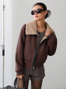GENKIRA Fashionable Motorcycle Loose Faux Fur Contrast Color Lapel Long Sleeve Jacket For Women - Coffee Brown - View 6