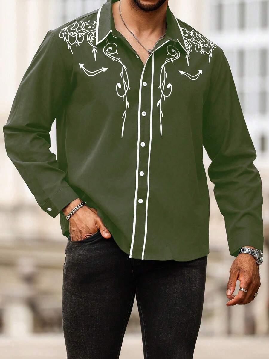 Manfinity Homme Plus Size Men's Botanical Print Long Sleeve Single Breasted Shirt, Autumn - Army Green - View 1