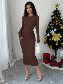 Elenzga 女士圆领长袖蝴蝶结装饰后背修身优雅针织毛衣连衣裙，秋冬