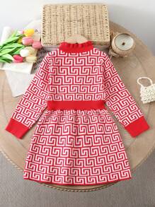 SHEIN Vestido de suéter de cuello redondo de manga larga con volantes y estampado geométrico, adecuado para salir, fiesta, otoño/invierno