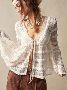 Bohemela Casual Solid Color Knit Lace Up V-Neck Long Sleeve Loose Blouse For Women