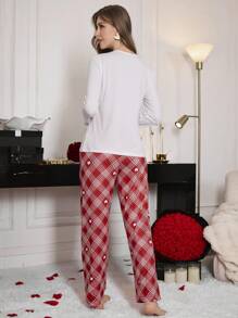 Conjunto de pijama para mujer con estampado de cuadros de corazón de manga larga y pantalones para el Día de San Valentín