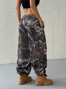 Lunelith SHEIN Lunessa Casual Versatile Dead Leaf Print Harem Pants, Street Style
