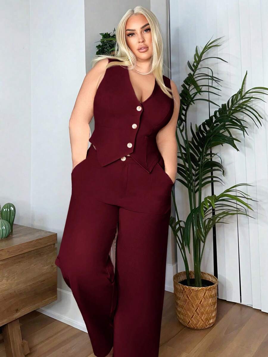 SHEIN SXY Bộ vest màu trơn cổ điển ôm vừa vặn cỡ lớn cho đêm hẹn hò gợi cảm câu lạc bộ sinh nhật mùa xuân hè quần áo phụ nữ tiệc độc thân vào mùa thu/đông - Màu Đỏ Sâu - Xem 1