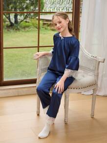 SHEIN Tween Girls Silky Satin Royal Blue Splice Floral Cuff Modest Palazzo Pajamas Set, Casual Sleepwear