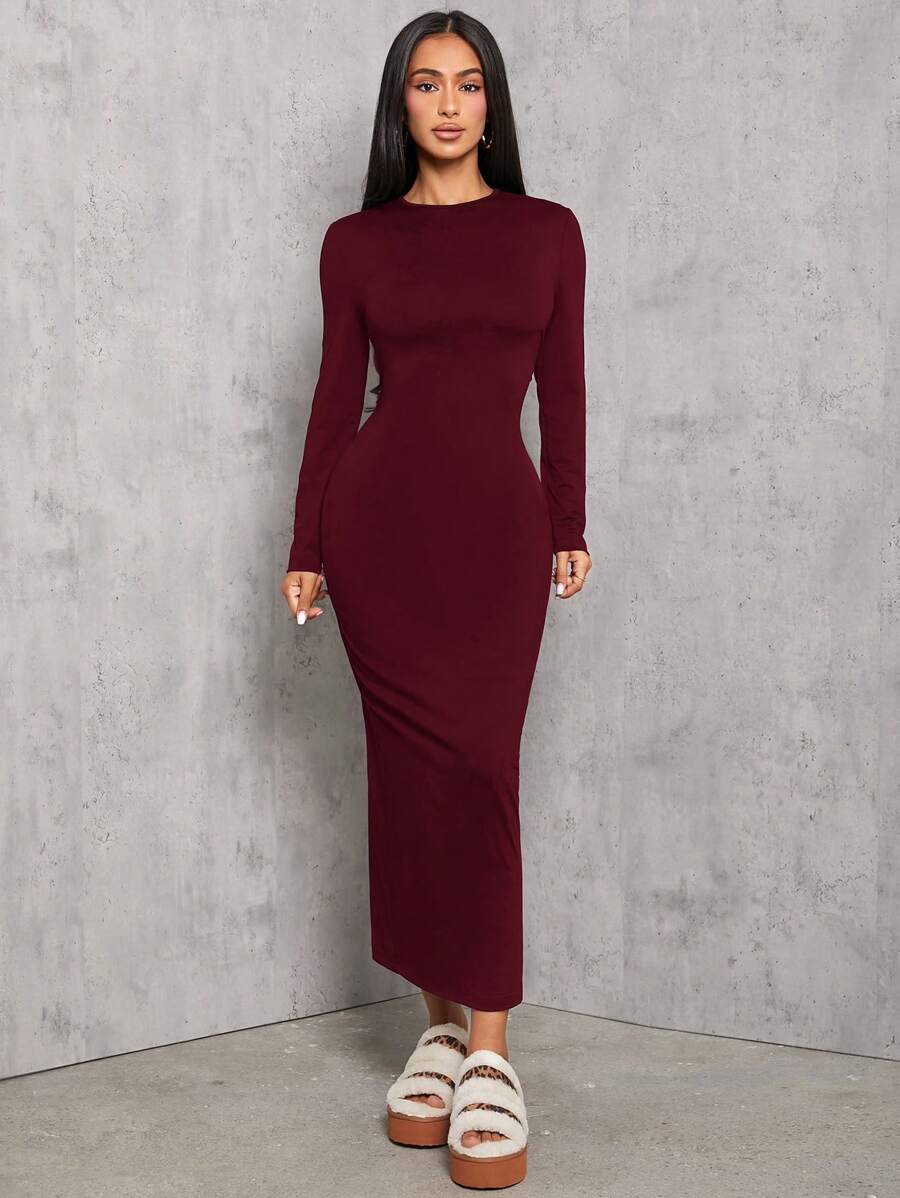 SHEIN PETITE Solid Color Pleated Waist Black Long Sleeve Dress - Burgundy - View 1