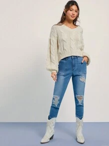 WESTFADE High Rise Stretch Cuffed & Ripped Mom Jeans Nashville Outfits - Medium Wash - View 1