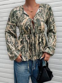 Chiquease Blusa de manga farol con lazo y estampado 3D de paja, camisetas gráficas para mujer, blusas informales elegantes