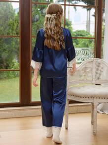 SHEIN Tween Girls Silky Satin Royal Blue Splice Floral Cuff Modest Palazzo Pajamas Set, Casual Sleepwear