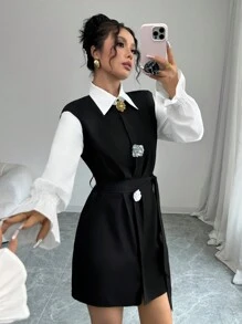 SHEIN Frenchy 女士简约休闲短款连衣裙，采用 3D 花卉装饰 - 黑色 - 查看 5