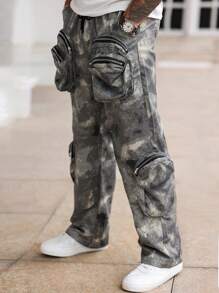 Manfinity LEGND Pantalones de camuflaje con múltiples bolsillos y cremallera 3D para hombres, ropa de calle, estilo de INS, apropiado para Año Nuevo, raperos, regalo para novio - Gris Oscuro - Ver 5