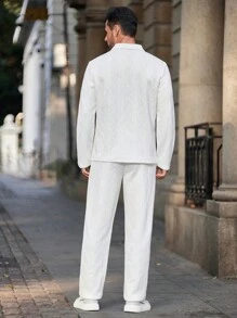 Manfinity Homme Men's Casual Solid Color Textured Long Sleeve Polo Shirt & Pants Set, Autumn