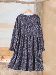 Rusticease Women All-Over Print Ruffle Trim Crew Neck Long Sleevewinter Dress - Multicolor - View 2