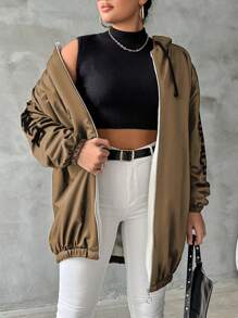 RueChic Plus Size Effen Kleur Voorkant Rits Lange Mouw Letter Print Minimalistisch Casual Hoodie