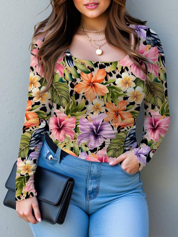 Glamance Studio Sense Women Multicolor Plus Size T-Shirts Long Sleeve Round Neck Casual All Over Print,Floral,Plants,Letter Summer Outfits For Women Graphic Tee For Women Going Out