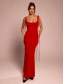 SHEIN BAE Summer Red Crochet Textured Off-Shoulder Dress With Hollow Out Back,Elegant Hemline Solid Backless Design For Cocktail Party,Wedding Guest,Date - Red - View 7