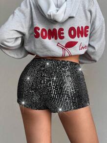 Aloruh Fashionable Sequin Embellished Mini Slim Fit Shorts - Silver - View 2