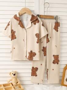 SHEIN Set de 2 piezas de conjunto de ropa informal de homewear con cárdigan y pantalones con estampado de oso lindo en color albaricoque para niña joven - Albaricoque - Ver 3