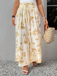 SHEIN VCAY Pantalones de mujer de talla grande con estampado metálico para citas románticas del Día de San Valentín con motivos de abrazos, besos, sonrisas y mariposas. Ropa de primavera y de resort para mujer.