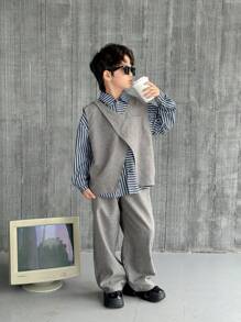 3pcs Kid Tween Boy Back-To-School Blue White Stripe Collared Cardigan,Solid Color Pullover Vest & Relaxed Fit Woven Pants Set,Casual Autumn School - Multicolor - View 4