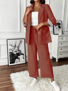 SHEIN Clasi Women's Solid Color Button Front Pocket Blouse And Trousers Suit Set - Red - View 3