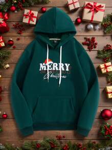 Manfinity Hypemode Men's Letter Print Pocket Christmas Hoodie Sweatshirt, Casual Pullover Graphic Long Sleeve Hoodie, For Friends, Husband, Boyfriend Gifts
