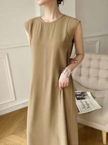 Heiryn Vestido casual suelto de unicolor y estilo árabe sin mangas, moda minimalista para uso diario de la mujer