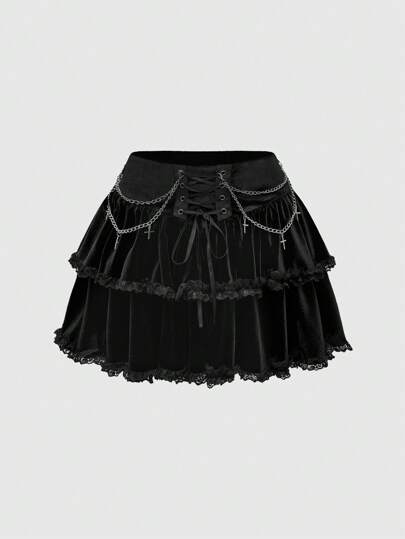 Goth Jupe mini gothique vintage romantique en velours avec chaîne en croix, pour Halloween