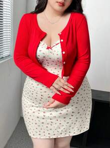 Vibekara 2pcs Set Sweet Girl Ditsy Floral Camisole & Round Neck Long Sleeve Knit Cardigan Fall Cloth For Women