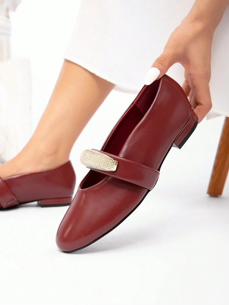 CUCCOO CHICEST Women's Shoes With Metallic Buckle Rhinestone Decor, Round Toe, Flat Heel, Faux Leather, Simple & Comfortable, Wine Red, Commute/Office Wear Mary Jane Flats