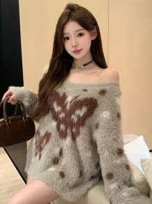 DAZY Women's Casual Butterfly All-Over Print Fluffy Sweater, Autumn/Winter,Fall Women Clothes - Khaki - View 4