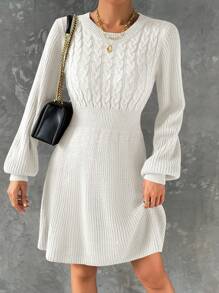 SHEIN LUNE Vestido de punto de cintura ajustada de unicolor, casual y versátil para otoño/invierno - Blanco - Ver 6