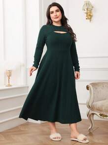 Mulvari Vestido casual de manga larga de cuello redondo de unicolor con abertura frontal ligeramente sexy para mujer talla grande, otoño