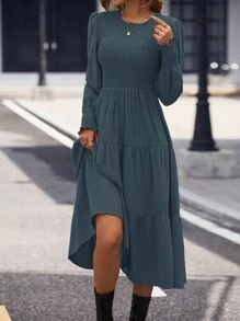 SHEIN Clasi Women Crew Neck Long Sleeve Pleated Simplistic Casual Dress Maxi Women Outfit