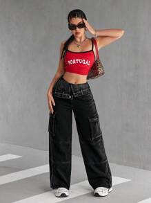 SHEIN EZwear Jeans casuales de cintura alta con bolsillos plegables y pierna ancha para mujeres