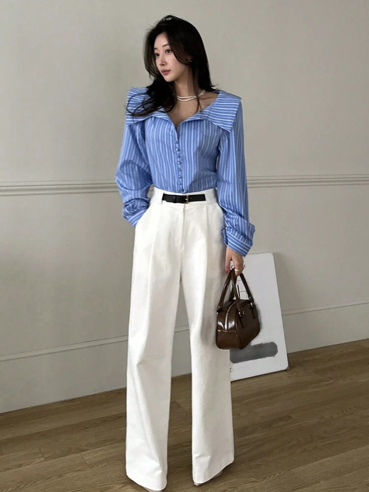Women's Oversized Collar Striped Long Sleeve Blue Shirt, Spring/Summer/Autumn, Collegiate Striped Preppy Tops,Fall Women Clothes