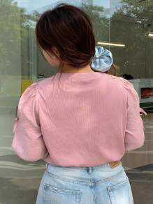 Dazy Petite Plus Plus Size Solid Color Fabric Patchwork Crew Neck Bowknot Sleeve 3/4 Length Sleeve Pullover T-Shirt, Spring/Summer - Pink - View 2