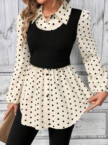 SHEIN LUNE Polka Dot Print Lantern Sleeve Women's Blouse - Multicolor - View 1