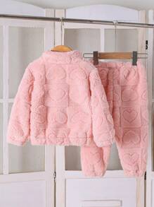 2pcs Baby Girls' Casual Heart-Checkered Fleece Jacket & Pants Set, Warm Winter Outfit With Cuffed Sleeve & Legs For Outdoor