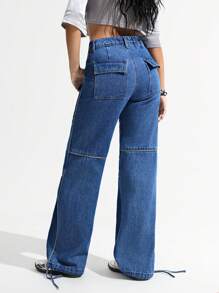 SHEIN ICON Multiple Pockets Cargo Straight-Leg Women's Jeans - Dark Wash - View 2