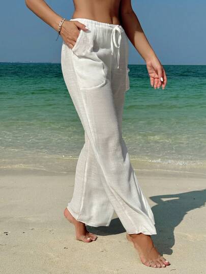 Swim Vcay بنطلون فضفاض للصيف للنساء بتصميم جيب جانبي وحزام في لون أحادي للإجازات