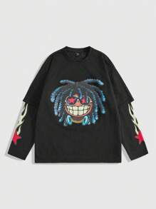 ROMWE MEN Street Life Camiseta holgada de hombre de manga doble capa con estampado de dibujos animados para otoño