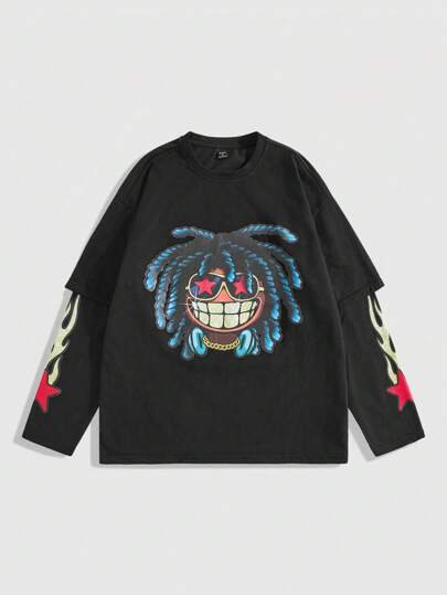 ROMWE MEN Street Life Men's Autumn Casual Cartoon Print Double Layer Sleeve Loose T-Shirt