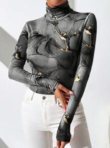SHEIN Essnce 1 件女士大理石印花高领长袖修身紧身衣 - 黑色 - 查看 5