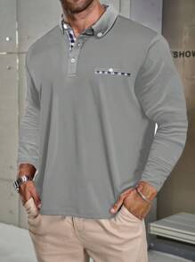 Manfinity Mode Camisa polo informal de manga larga a cuadros para hombre de talla grande, otoñal