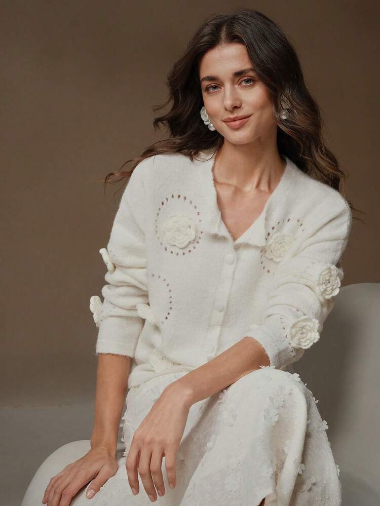 Women's Hand-Crocheted 3D Flowers Cardigan Sweater