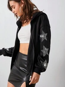 SHEIN EZwear Áo hoodie kéo khóa vai họa tiết ngôi sao đính đá thời trang thu đông - màu đen - Xem 5