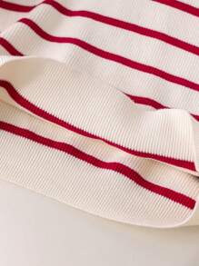 Girls' Contrast Color Black & White Striped Knitted Sweater, Juniors' Elegant Crew Neck Pullover For Commuting - Red - View 6
