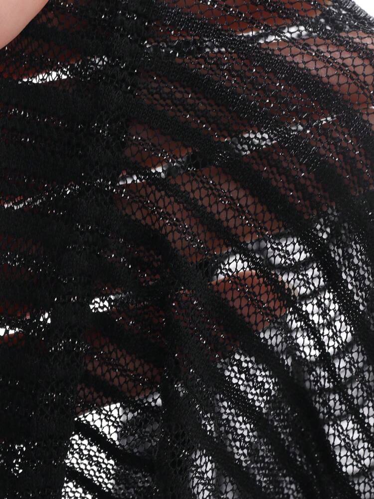 Women Simple Round Neck Mesh Contrast Short Sleeve Casual Top, Everyday Wear,Back To School Clothes